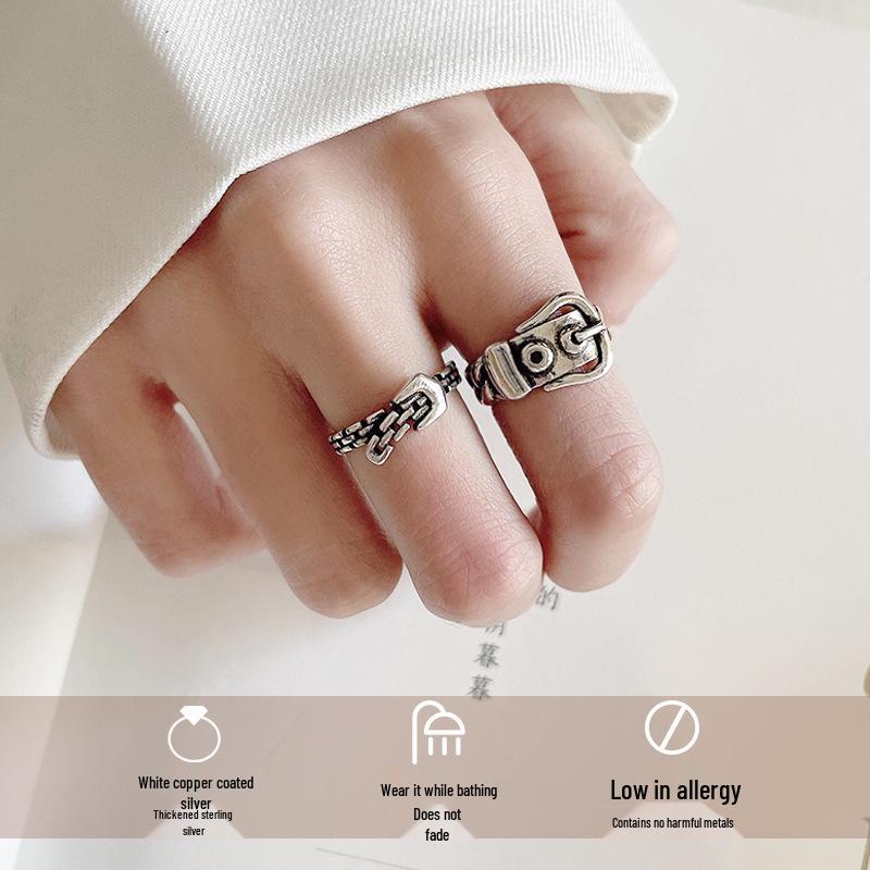 Retro 925 Thai Silver Non-Fading Open Ring: Niche Belt Design, Cross-Border Style, Women's Sterling Silver Ring.