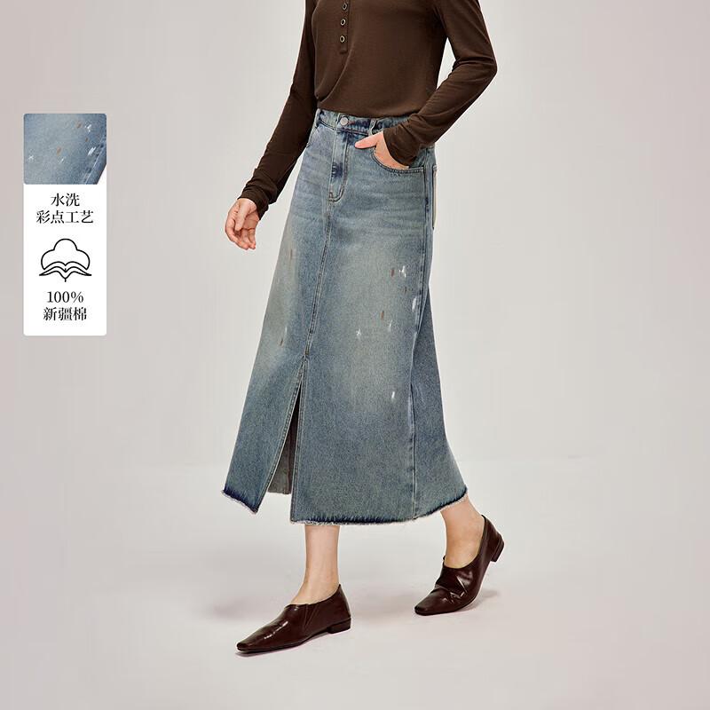 Джинсовая юбка А-силуэта в горошек с разрезом INMAN M