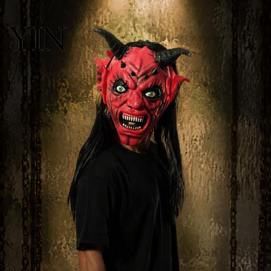 Spooky Halloween Cosplay Props Satan Devil Mask, Realistic Full Head Latex Costume with Long Evil Demon Mask for Horns And Fangs, Scary Party Haunted