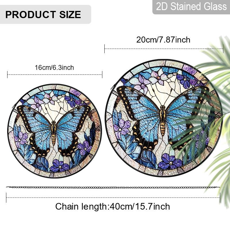 2D Flat Stained Glass Blue Butterfly Window Decoration, Elegant Colored Glass Plate with Chain, Charming Sun Catcher Wall Art Home Garden Decor