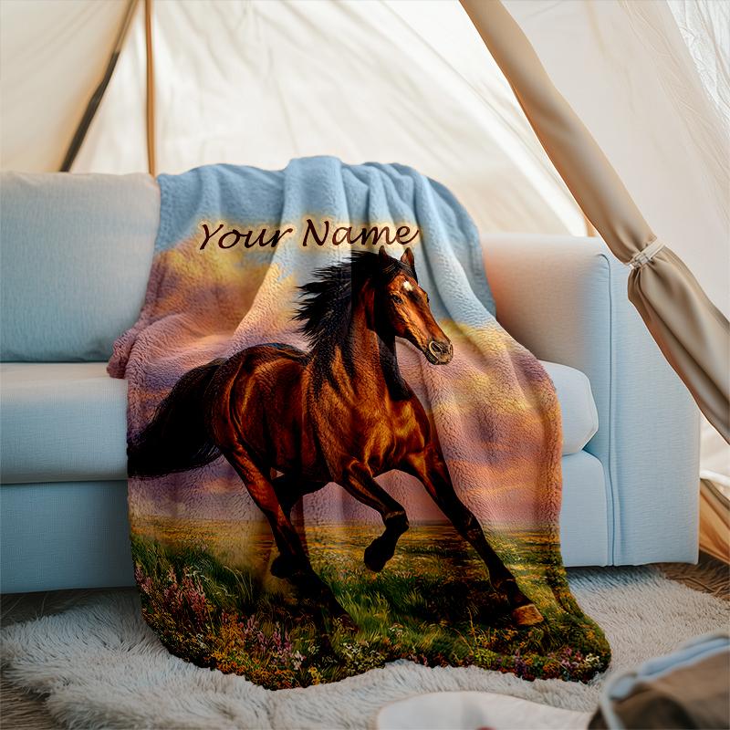 1PC Custom Name Horse Freedom Nature Outdooor Flannel Blankets Patterns Throw Blanket All-Season Soft Gift for Couch, Bed, Camping Gifts