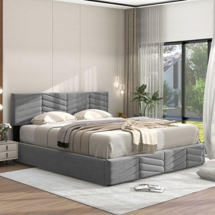 Pat dublu - MUVOE - 140 x 190 cm - Tăblie reglabilă - Catifea - Funcție de depozitare hidraulică