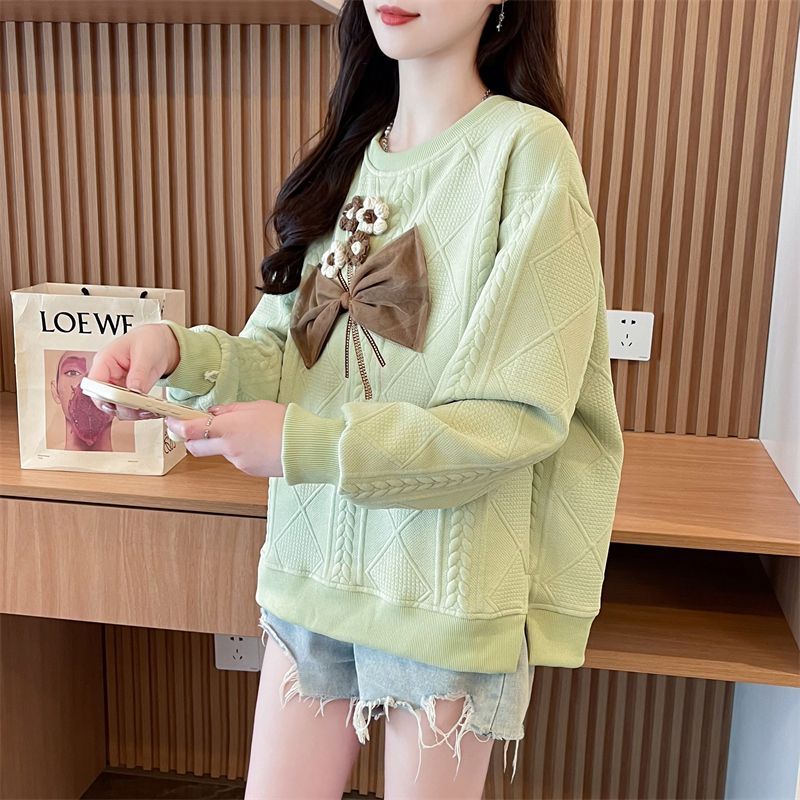Women Korean Fashion 3D Flower Bow Sweet Chic Sweatshirt Casual Streetwear Y2K Hoodie Round Neck Long Sleeve Loose Pullover Tops