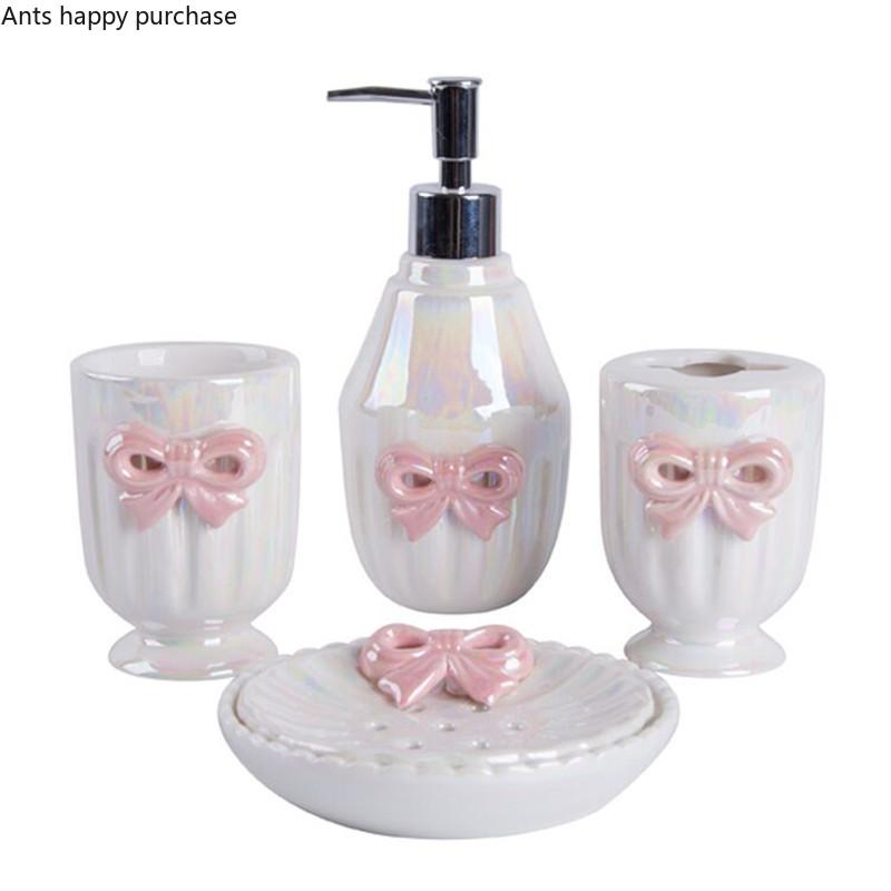 Girl Wind Ceramics White Bow Bathroom Five-piece Suit Toiletries Bathroom Kit Accessories Mouthwash Cup Lotion Bottle Soap Dish