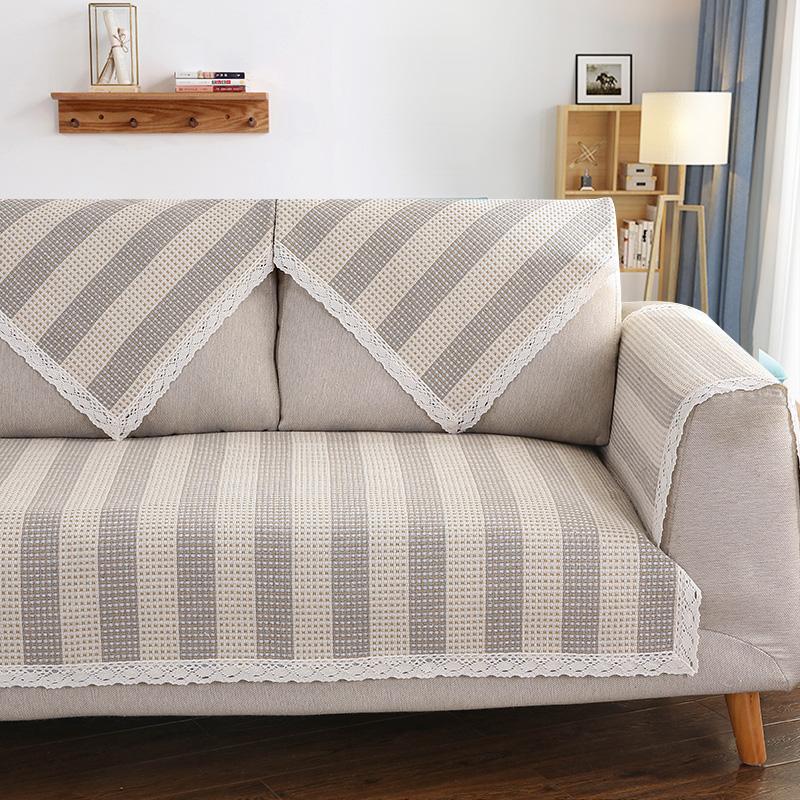 Striped Cotton and Linen Sofa Cushion for All Seasons, Non-slip Thickened Linen, Simple Modern Solid Wood Fabric Sofa Towel Cover