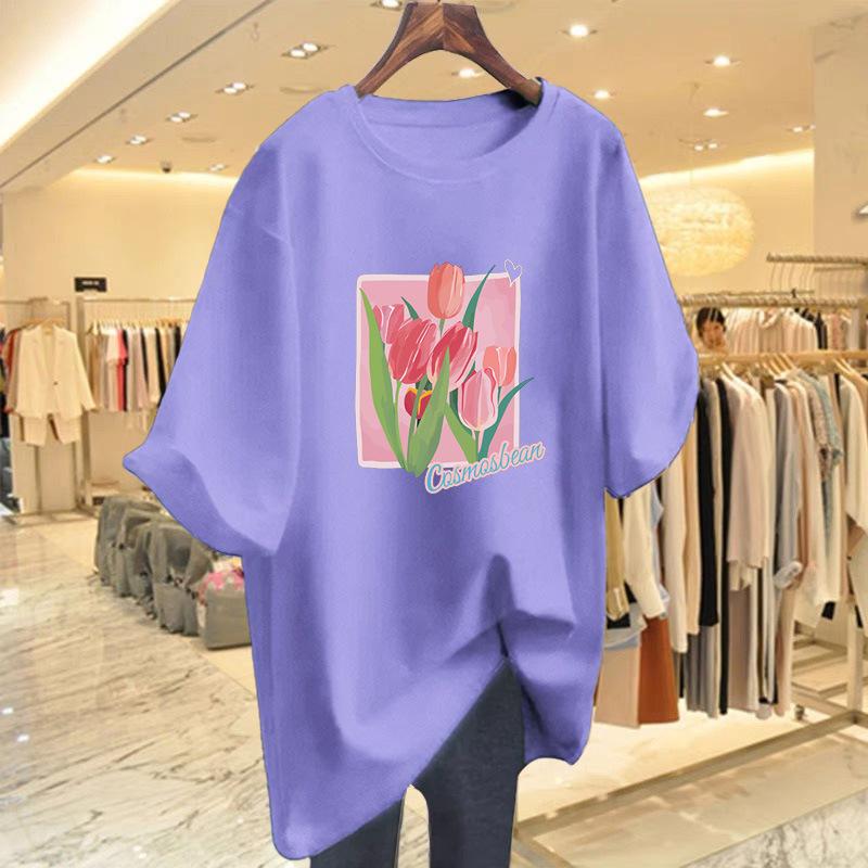 Loose flower print short-sleeved t-shirt women's new fashion alphabet top bottoming shirt