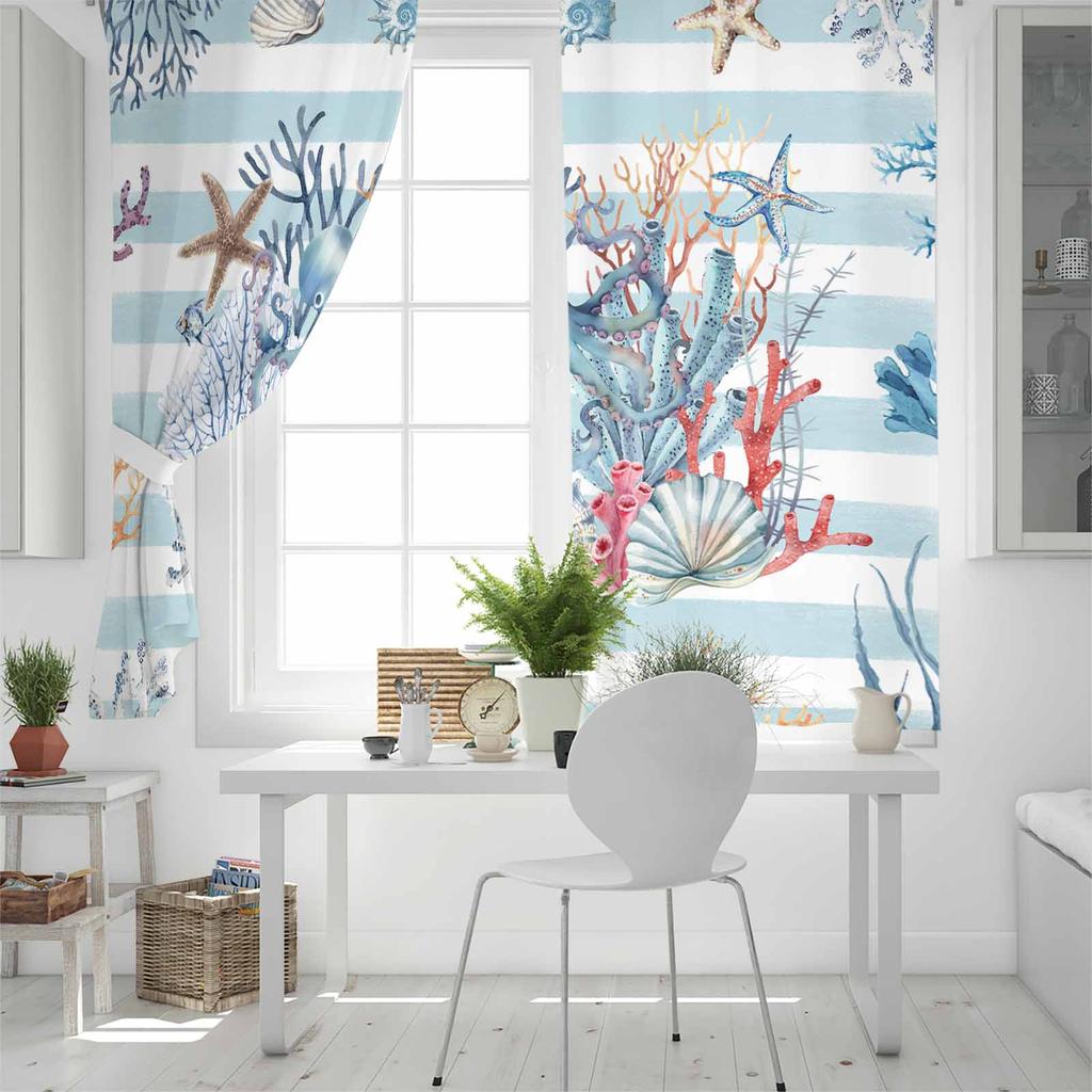 Ocean Striped Coral Starfish Shell Conch Octopus Blackout Curtains For Living Room Bedroom Window Treatment Drapes Home Decor
