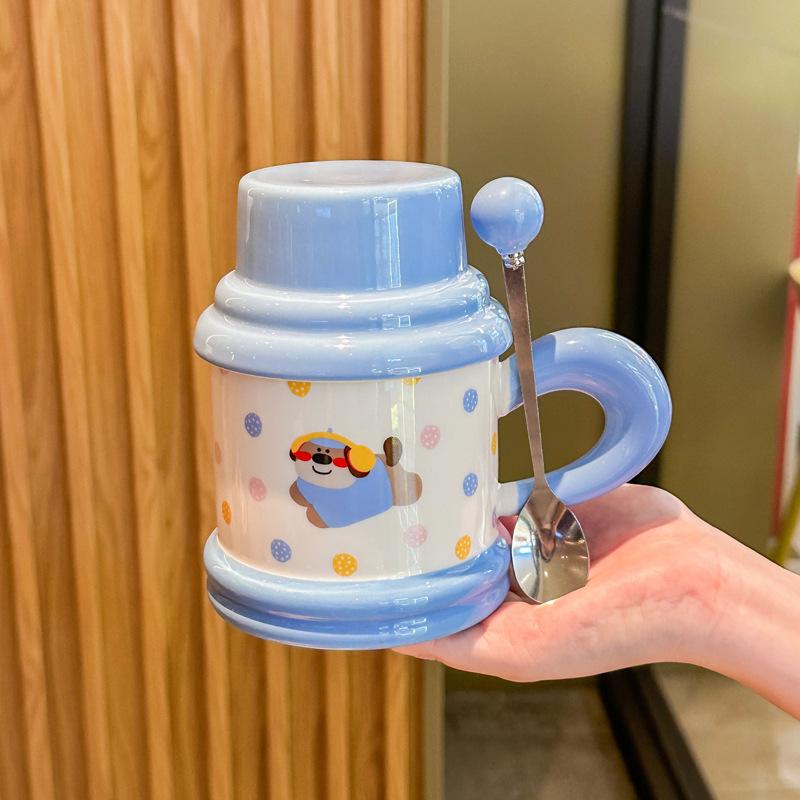Cute and high-value puppy mug with lid spoon cartoon kitten ceramic cup for girl classmates birthday gift