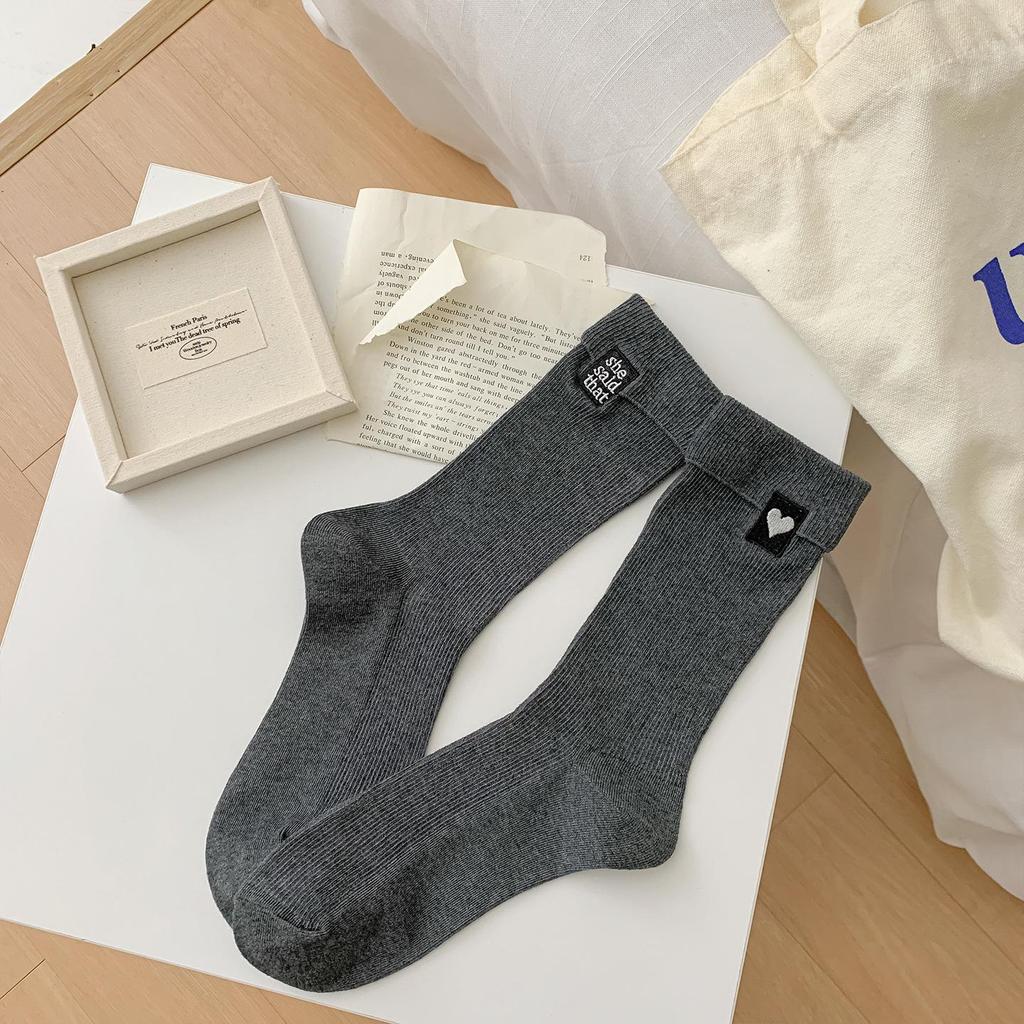 Women's Mid-Calf Socks - Autumn & Winter, European & Korean Style, Heart & Letter Embroidery, Trendy, Simple Cotton