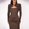 Women's High Neck Long Sleeve Midi Dress Fitted High Waist Hollow Front Ruched Bodycon Party Dress
