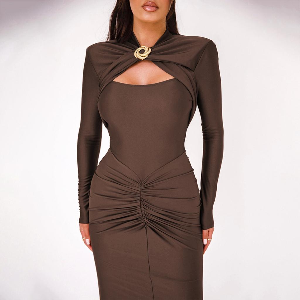 Women's High Neck Long Sleeve Midi Dress Fitted High Waist Hollow Front Ruched Bodycon Party Dress