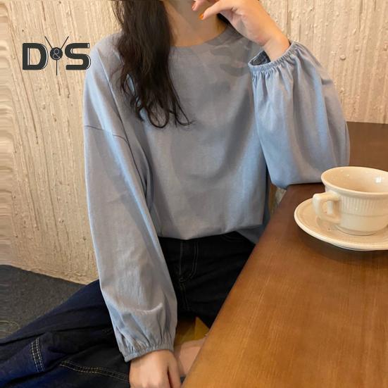 Women T-shirt Round Neck Lantern Long Sleeve Elastic Cuffs Tee Shirt Solid Color Loose Fit Pullover Tops Daily Wear