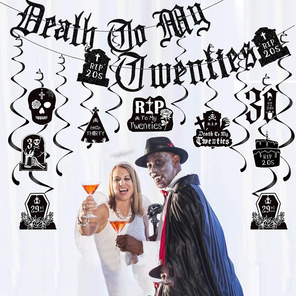Death To My 20s Decorations - 14pcs Black 30th Birthday Party Decorations Banner Hanging Swirls Rip To My 20s Birthday Decor Party Ceiling Supplies