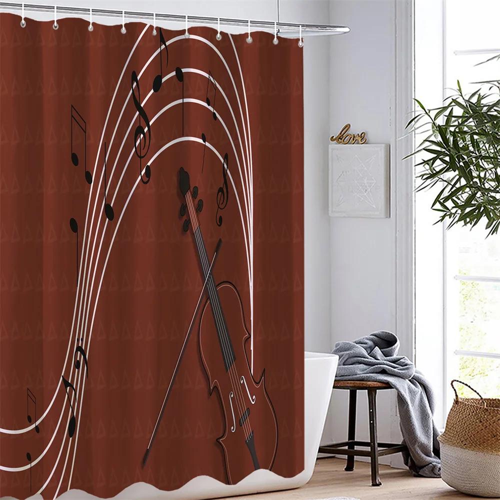 Music Shower Curtain Colorful 3D Printing Waterproof No Punching Polyester Shower Curtains Simple Installation Bathroom Hooks