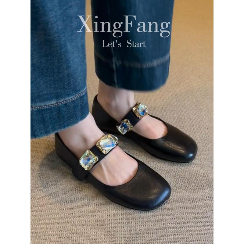 Super Soft Sheepskin Rhinestone Word with Square Head Mary Jane Shoes Women's New Versatile Leather Light Mouth Flat Sole Shoes