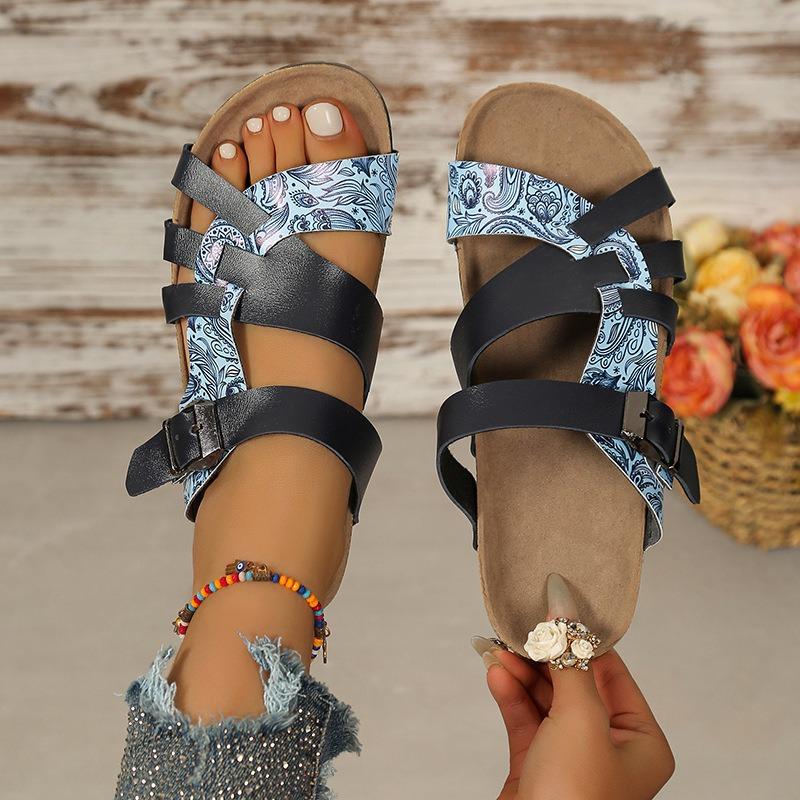 Large Size Summer New Fashion Outer Slippers Women's Flat Bottom Comfortable Casual Cork One-word Drag Lazy Slippers