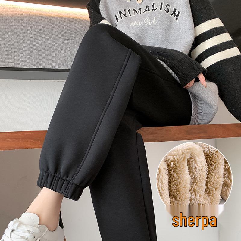 Women's High-Waist Fleece-Lined Cuffed Sweatpants - Thick Grey Joggers for Autumn/Winter 2024