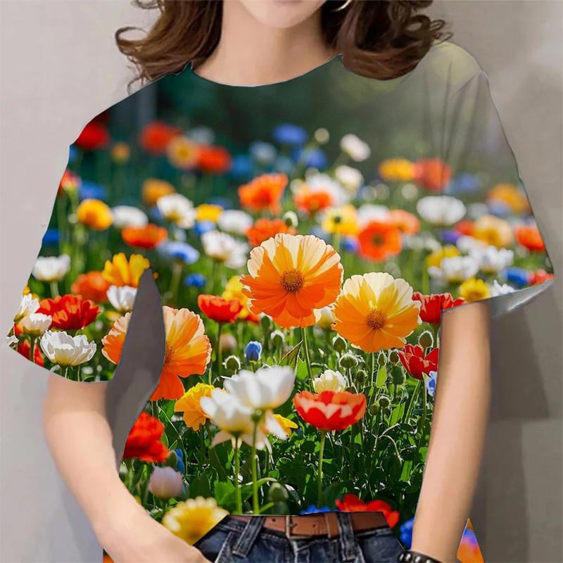 Women's Floral Print Casual T-Shirt - Short Sleeve Top