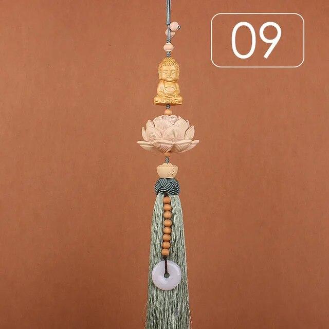 Chinese Style Lucky Fu Wooden Carved Lotus Buddha Statue Pendant Creative Gift Home Car Hanging Accessories Decor Auto Interior