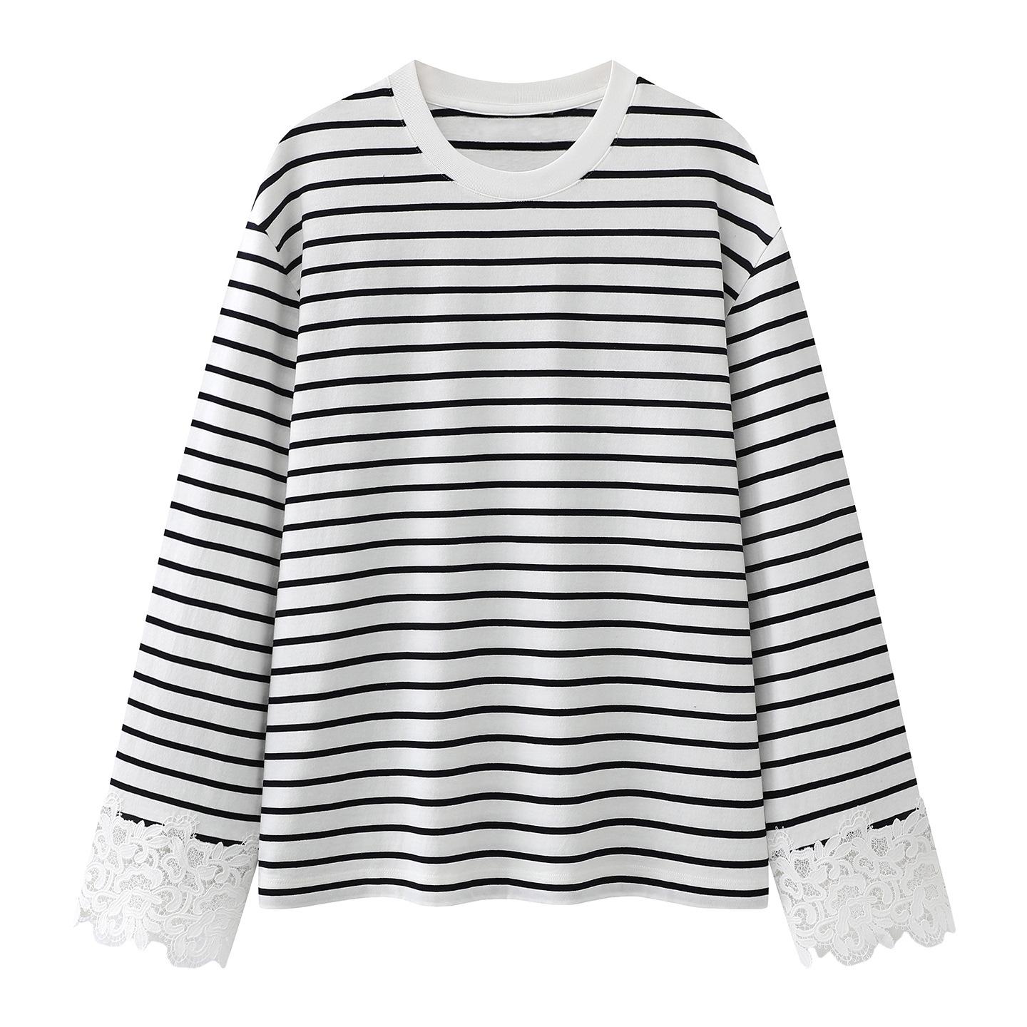 2026 Spring Women s Color Block Stripe T-shirt with Lace Trim & Embroidered Floral Cuffs L