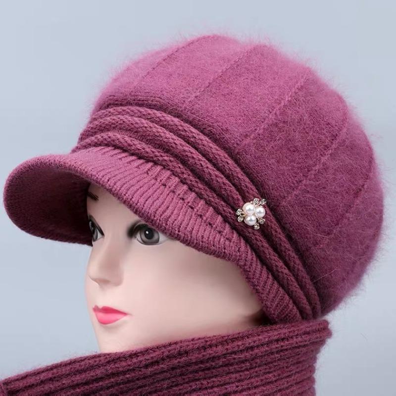 Hat Women's Autumn and Winter Knitted Hat Outdoor Cold-proof Large Brim Plush Warm Wool Hat Ear Protector