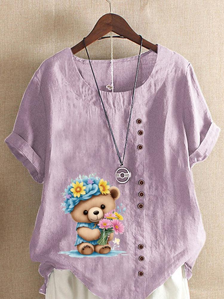 Women's Fashion Flower Bear Print Casual Cotton Linen Short Sleeve Round Neck T-shirt Shirt Leisure Loose Summer Blouse Tops