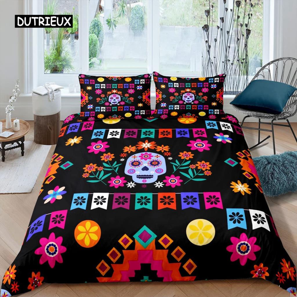 Sugar Skull Duvet Cover Set, Monochrome Skull with Roses Leaves and Diamond Shape Folklore Festival Print,Decorative Bedding Set