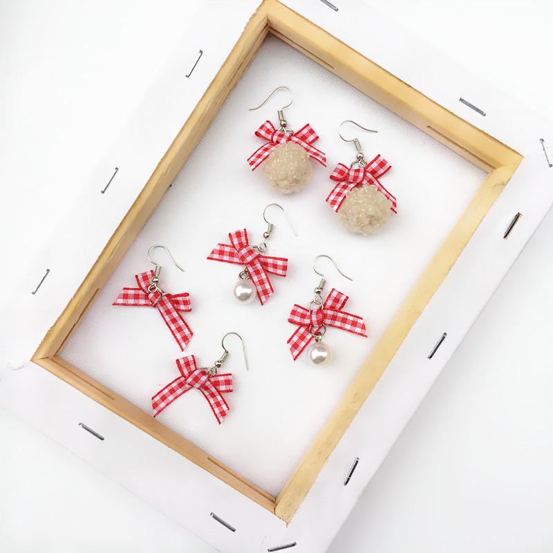 Harajuku Cute Plaid Bow & Mink Fur Ball Earrings with Strawberry Cake Dangles