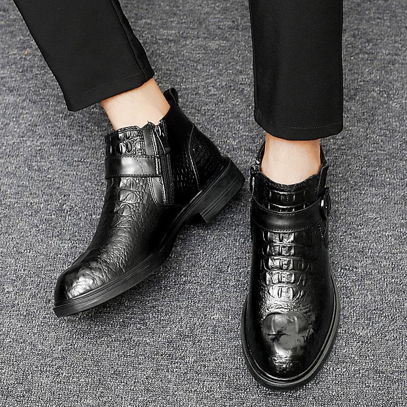 Fashion High Quality Winter Boots Fur Chelsea Ankle Boots Men's Leather Boots Thick Sole Genuine Leather Formal Snow Boots Casual Boots