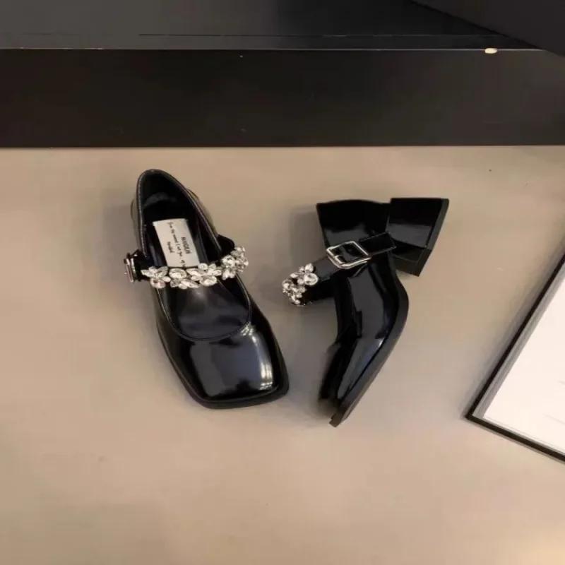Fashion Women's Fashion High Heel Single Shoes Autumn New Square Head Shallow Mouth Rhinestone Thick with Temperament Mary Jane Shoes