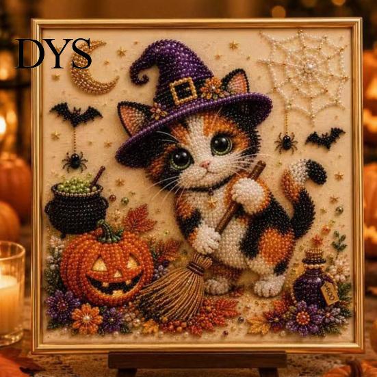 Halloween Party Supplies Cat Faux Pearl Painting Art Kit, Spooky 3D Beads Crafting Kits for Beginners Crafts, Cute Witch Gem Wall Adults, Craft Lovers