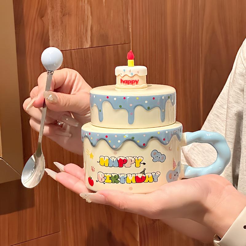 ins cute cake ceramic mug with lid girl high-end drinking cup birthday gift souvenir gift box