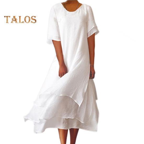 

Женское платье-миди с круглым вырезом и короткими рукавами, многослойное однотонное платье с разрезом и подолом, свободное повседневное платье XL