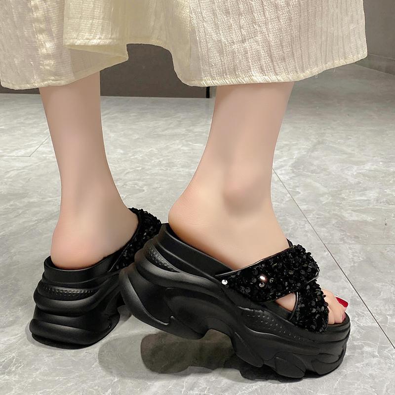 Fashion Ladies Sandals Woman 9CM Summer Open Toe Bling Sandal Dress Shoes Womens High Heels Sandals Platform Wedges Heeled Ladies