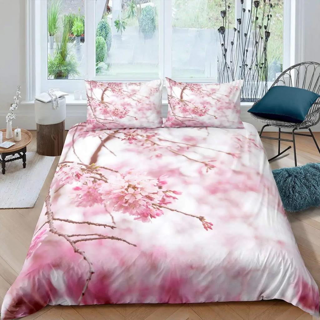 Japanese Duvet Cover Branch of  Flourishing Sakura Tree Cherry Blossoms Spring Theme Art Pink Decor Dark Brown for Women Gifts