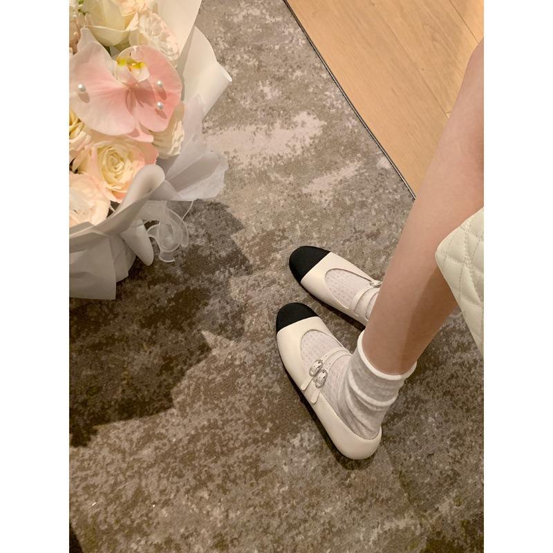 Sheepskin Shoes Round Head Color Matching Versatile Double Buckle with Flat Single Shoes Women's Mary Jane Shoes