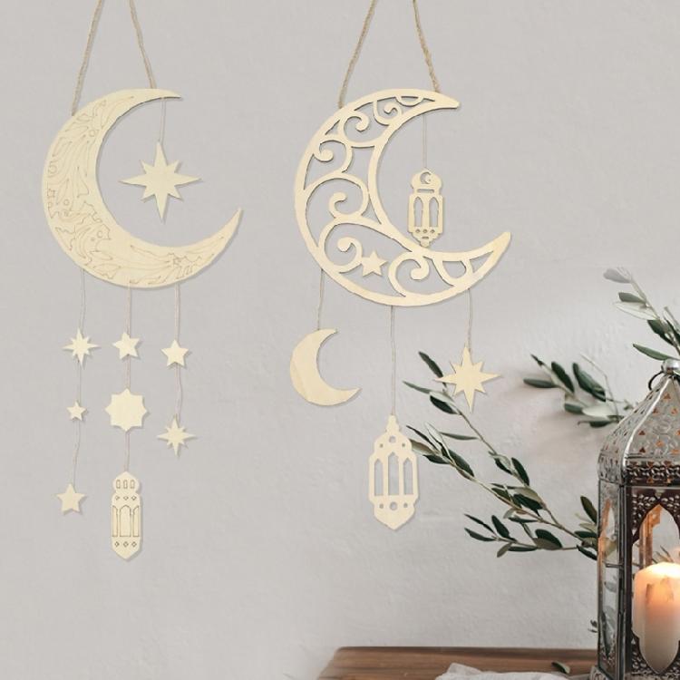 Religious Holiday Decoration Cultural Event Ornament Elegant Wood Moon and Star Hanging Pendant for Home and Mosque Use