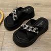 Rhinestone one-word slippers for women's summer wear 2025 new small man height increase thick bottom fashion beach cool slippers for women