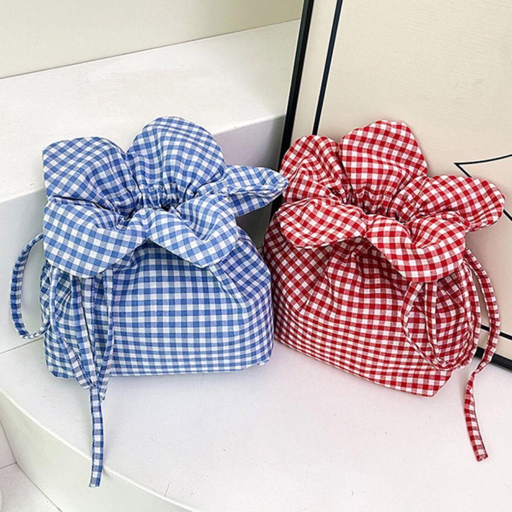 Cute Plaid Flower Crossbody Bag Portable Ins Shoulder Bag Casual Flower Drawstring Bag  Travel