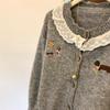 2026 Spring Autumn Korean Puppy Embroidery Lace Trim Women's Knit Cardigan