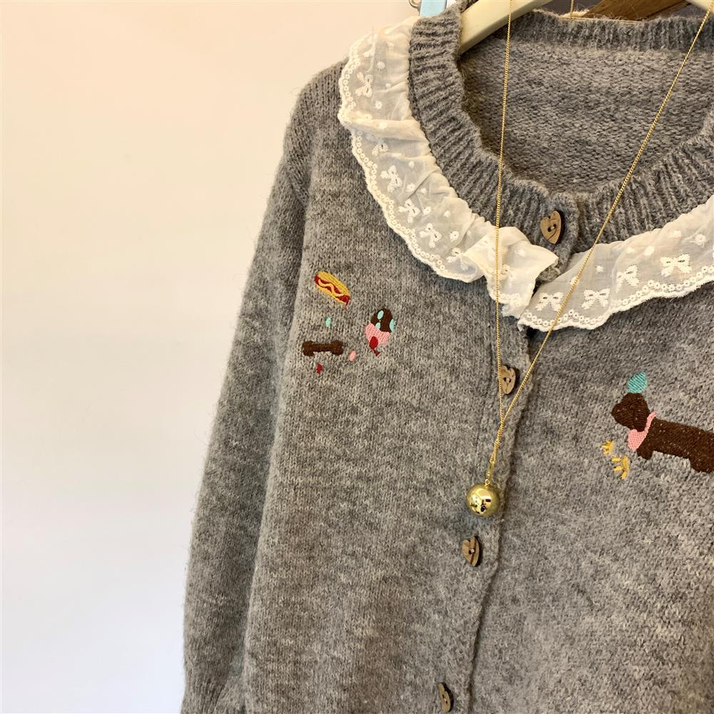 2026 Spring Autumn Korean Puppy Embroidery Lace Trim Women's Knit Cardigan