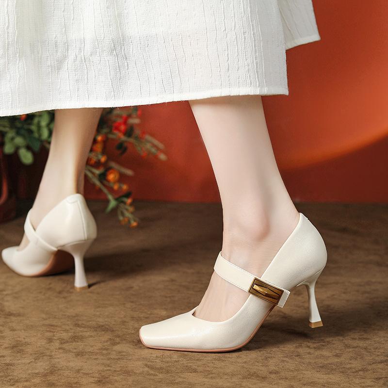 High heels women's spring and autumn square head sheepskin is not tired of feet one-word buckle single shoes Mary Jane shoes