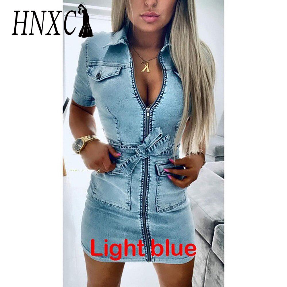 

HNXC Женское модное джинсовое платье с коротким рукавом на молнии Лето Весна XXL синий