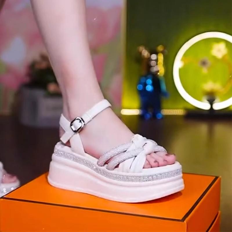 Height-increasing sandals women's summer new muffin wedge heel leather platform sneakers rhinestone sandals women