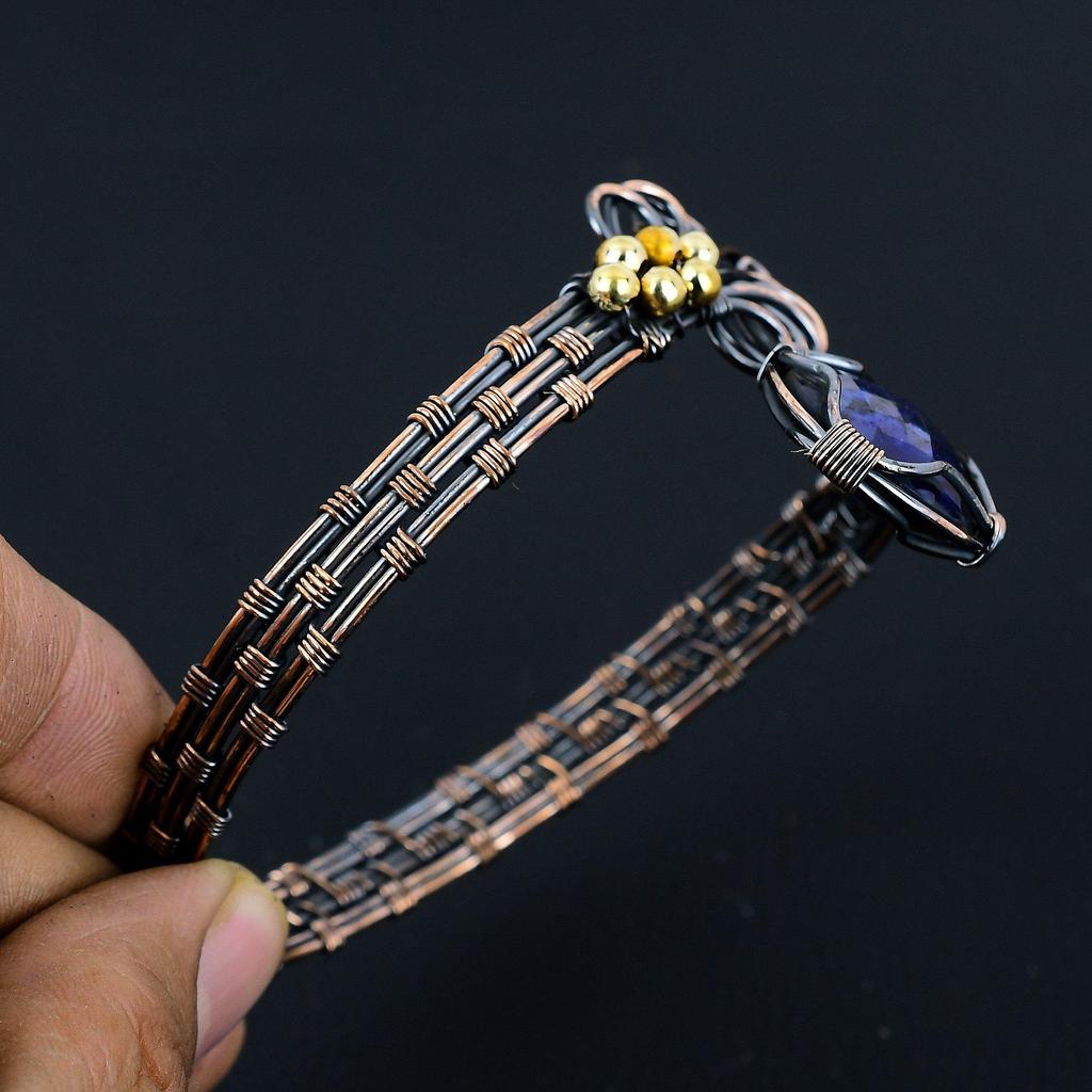 Blue Sapphire Bangle, Handmade Gemstone Bangle, 999 Copper Wire Wrapped Antique Jewelry, For Engagement Gift