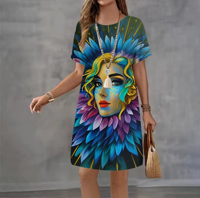 Moda 3D Baskılı Yazlık Elbise Bol Günlük Kısa Kollu O-Yaka Mini Elbise