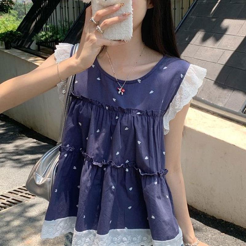 Casual Printed Shirts Summer Fashionable Lace Patchwork Women's Korean Sleeveless Vintage Loose Blouse New