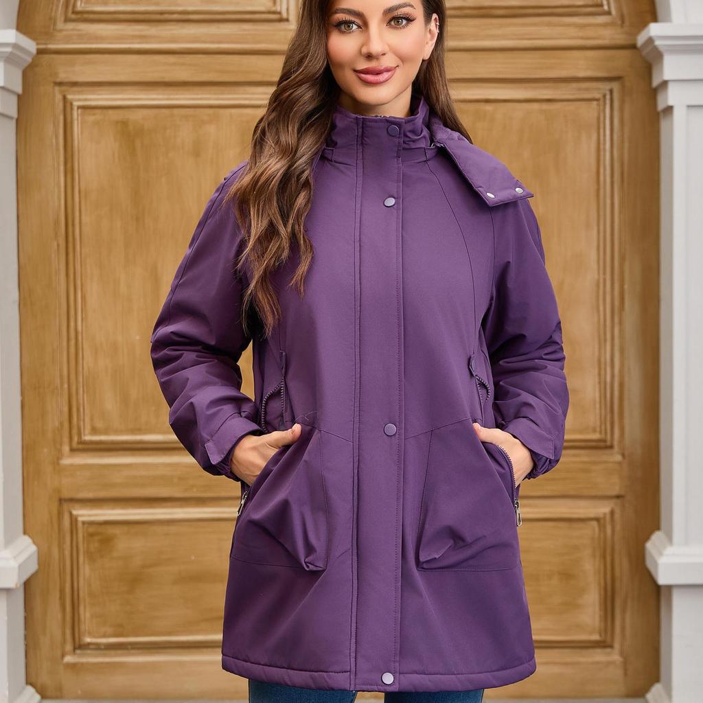 Women’s Warm Windcheaters Detachable Hooded Fleece Lined Zipper Coats Windproof Parka Outdoor Hiking Mountaineering Jackets