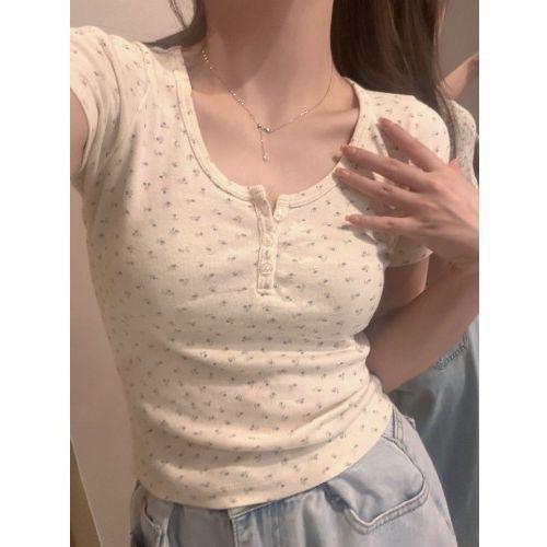 Summer new u-neck floral short-sleeved front-shoulder short top for women, slim and thin, small and fresh t-shirt for women