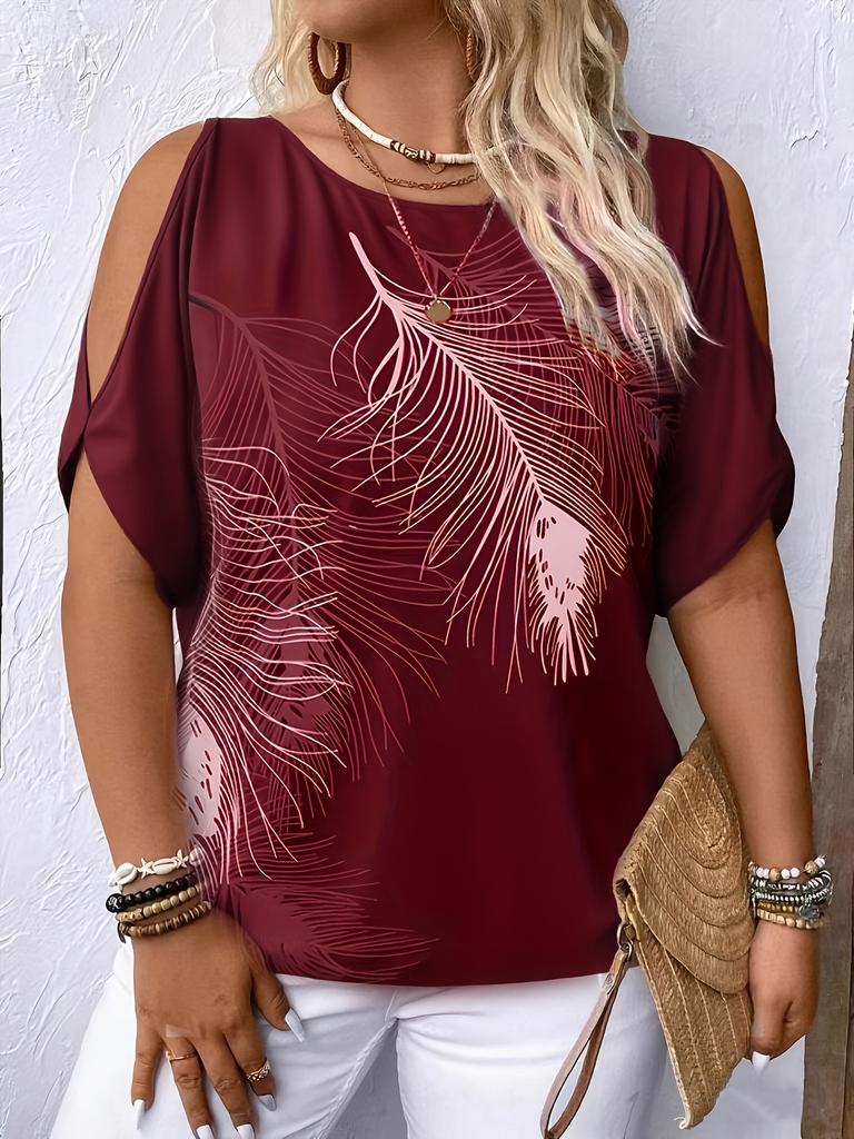 Women's Round Neck Elegant Off-Shoulder Tie-Back Print Top